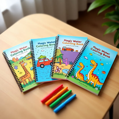Magic Water Colouring Book Pack of 4 - Safari, Vehicles, Dinosaurs with Magic Pens