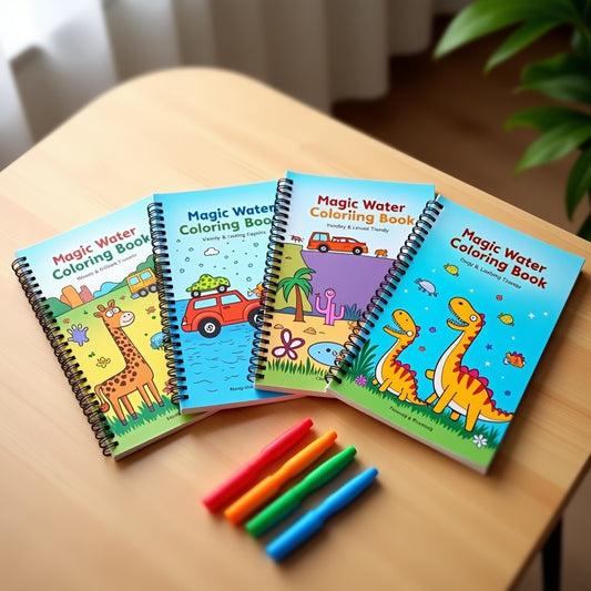 Magic Water Colouring Book Pack of 4 - Safari, Vehicles, Dinosaurs with Magic Pens